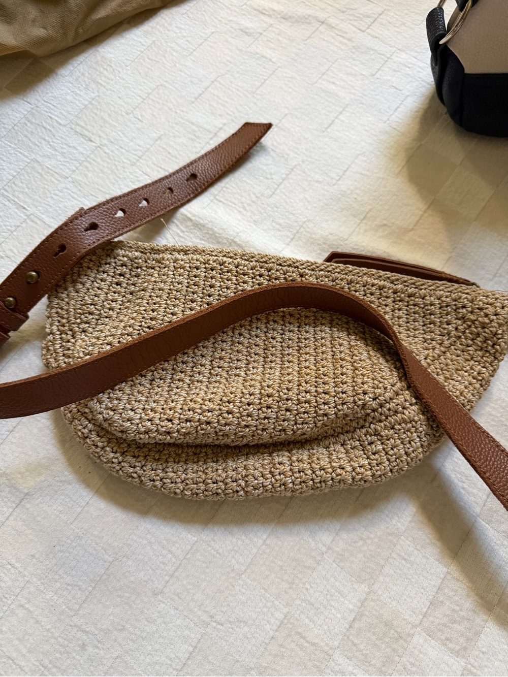 Woven Crossbody Bag with Brown Leather Strap